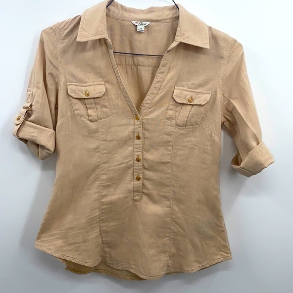 UEC Guess tan short sleeve blouse gold detail XS - Picture 1 of 7
